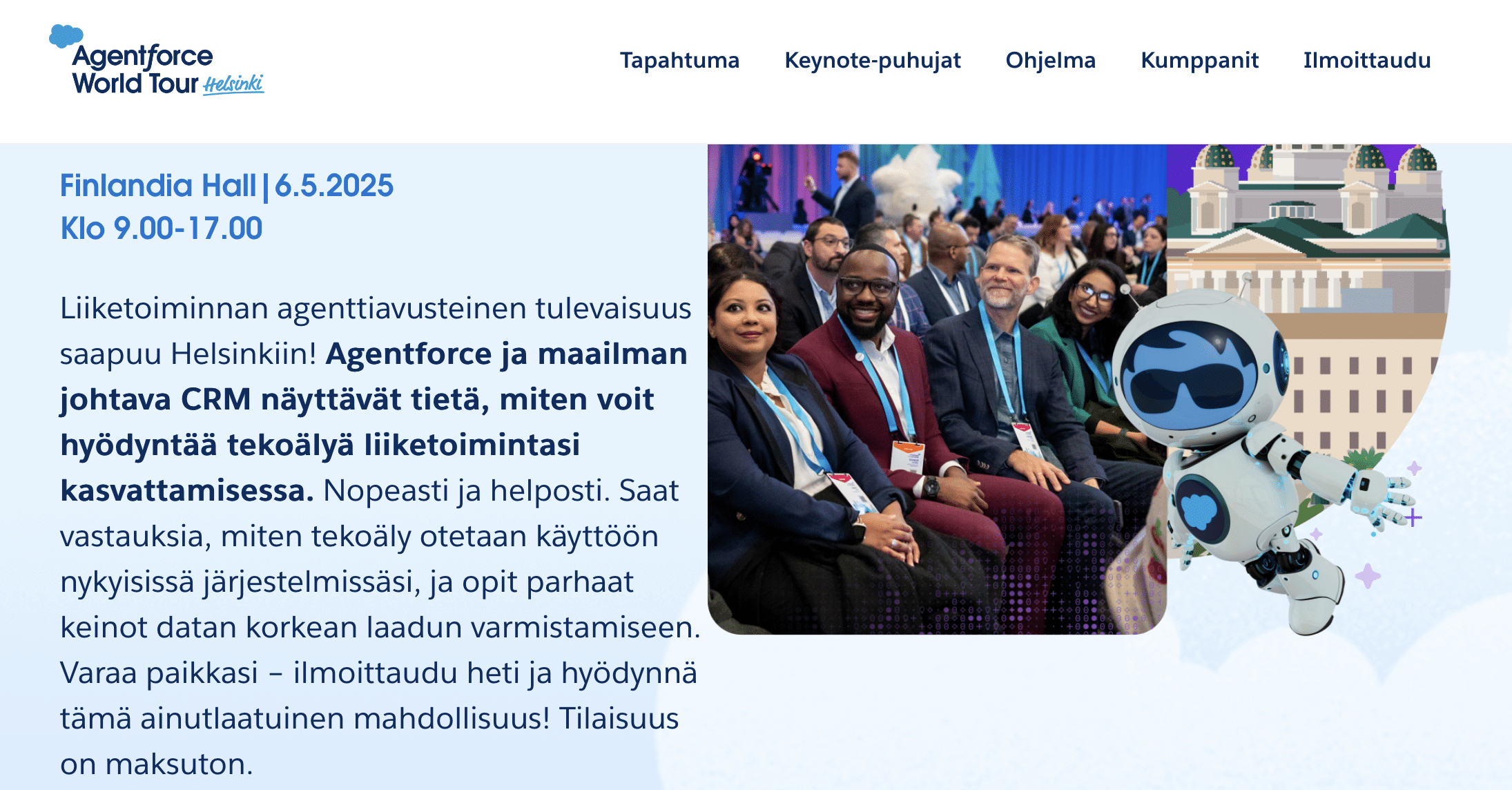 Salesforce Agentforce World tour Helsinki tapahtuma pidetään Finlandia talossa 6.5.2025